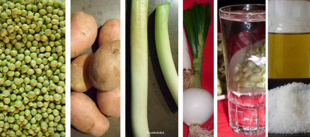 Guisantes, patatas, puerro, cebolla, un poco de manzanilla, aceite y sal-Euskádiz