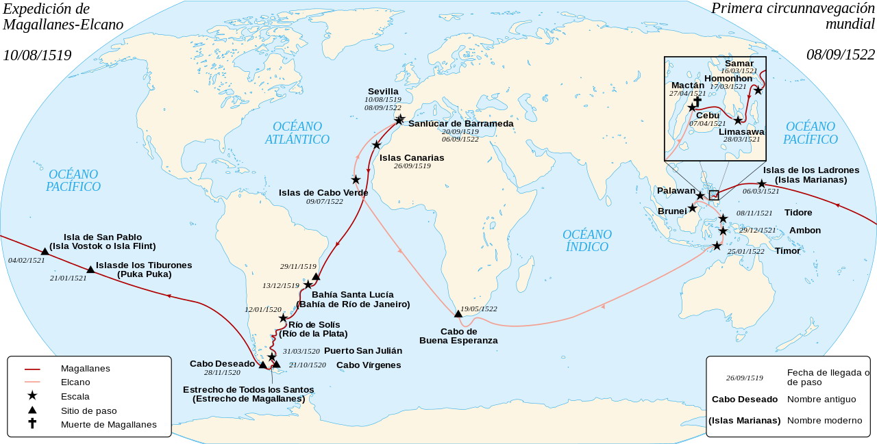Mapa de la expedición de Magallanes y  Juan Sebastián Elcano
