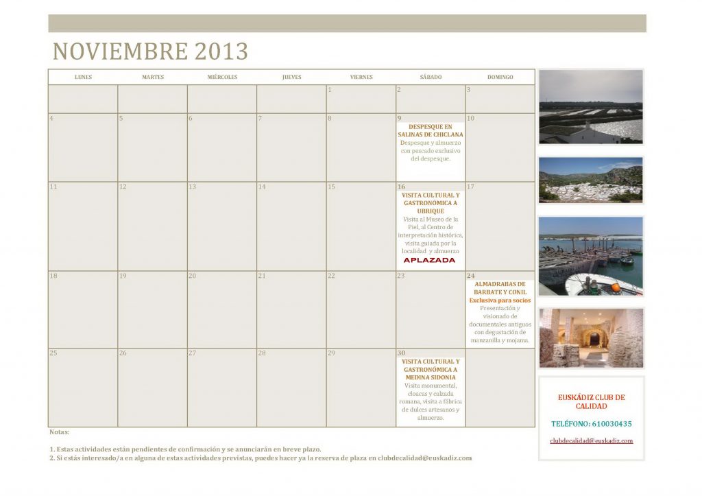 Calendario actividades noviembre 2013